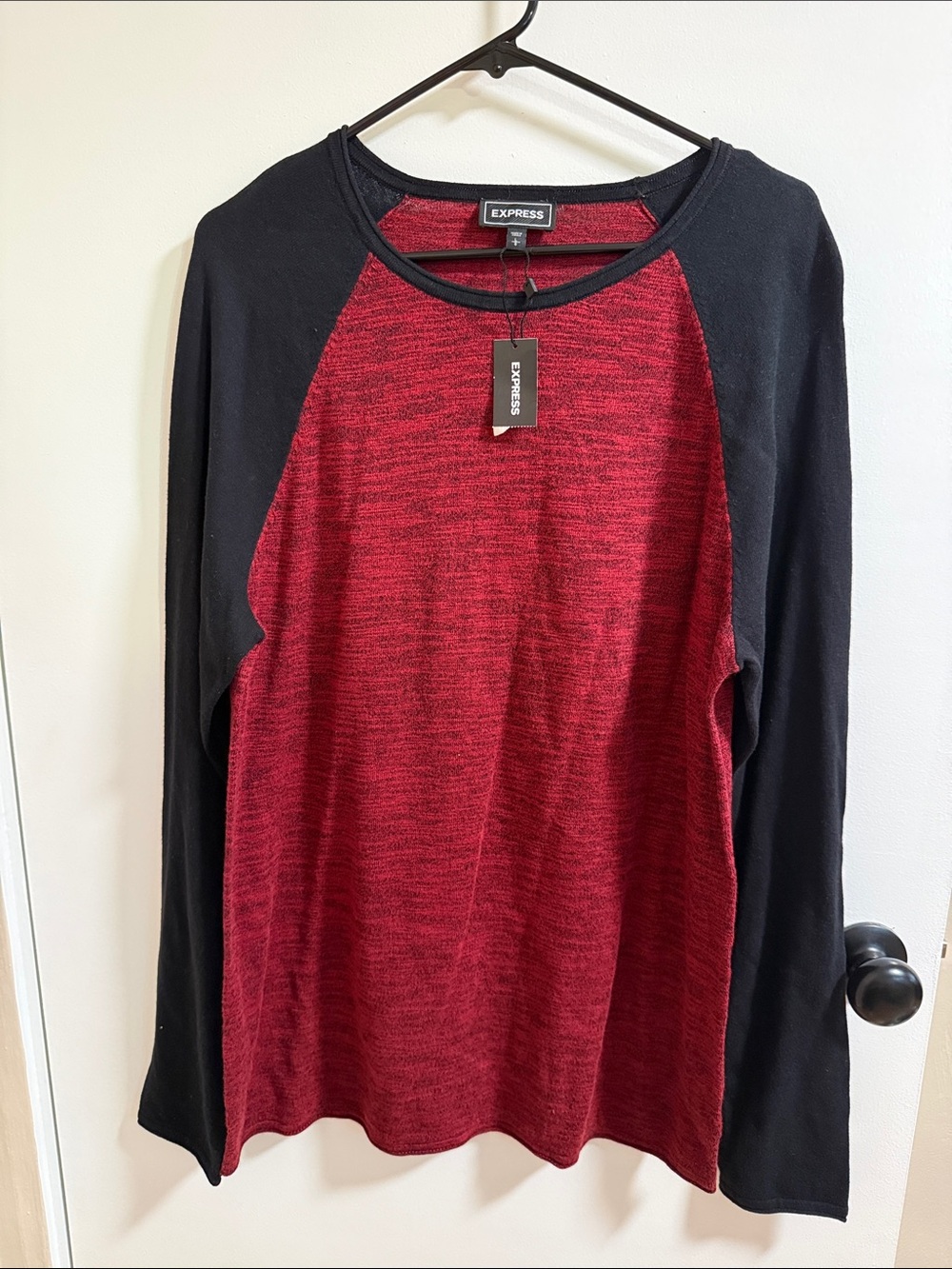 Express Men's Red Heathered Crewneck with Black Raglan Sleeves